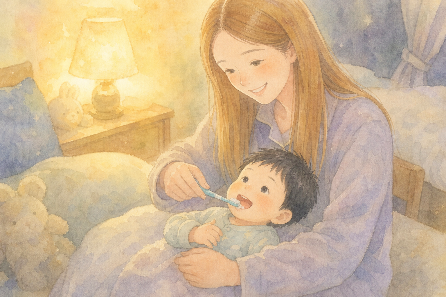 寝る前に膝の上で仕上げ磨きをする親子