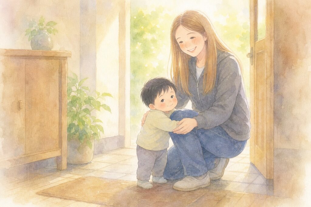 人見知りはいつまで？玄関先で人見知りしつつもすぐに笑顔になる息子とママ