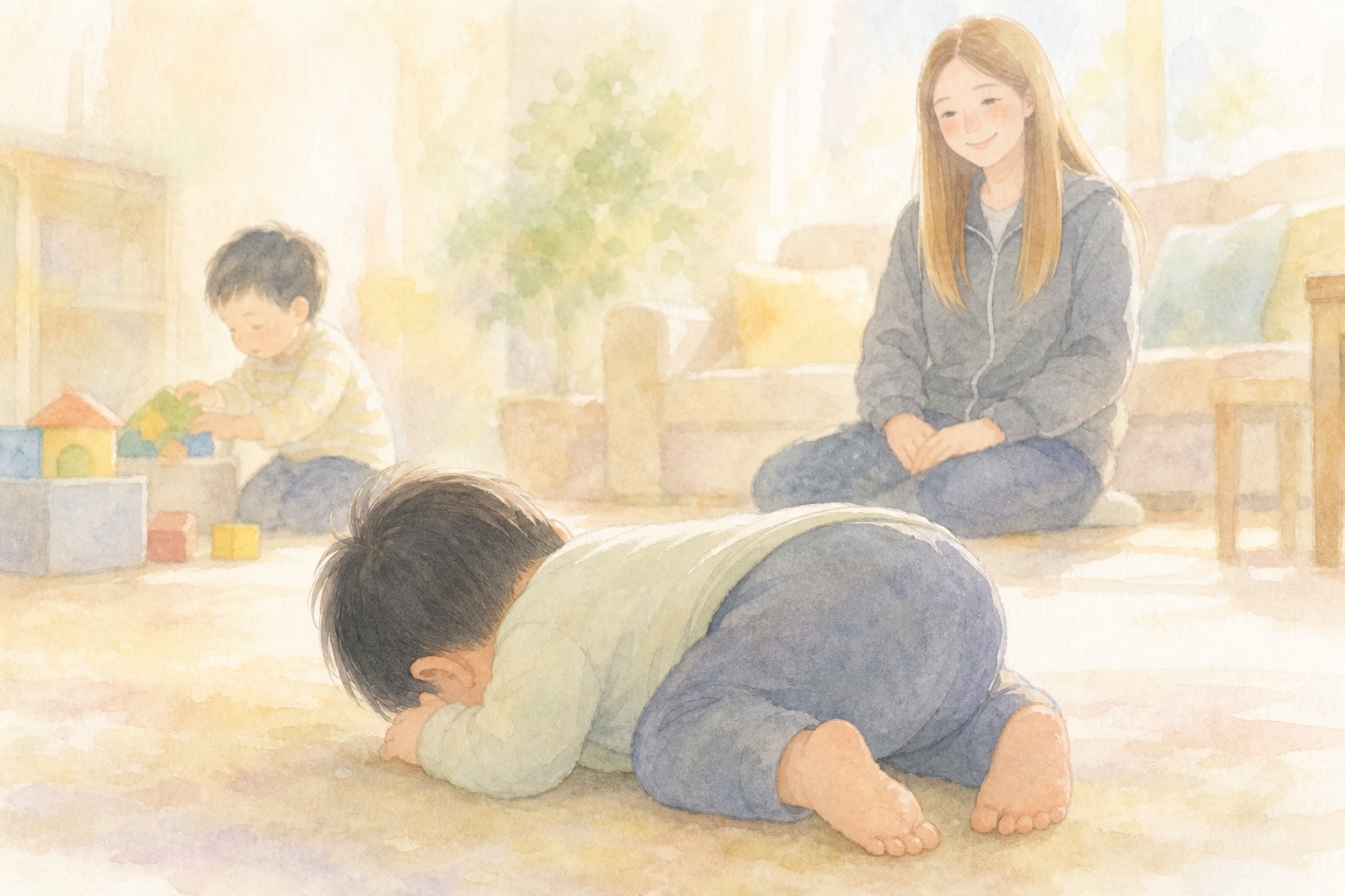 同い年の子の前で床に突っ伏して固まる息子