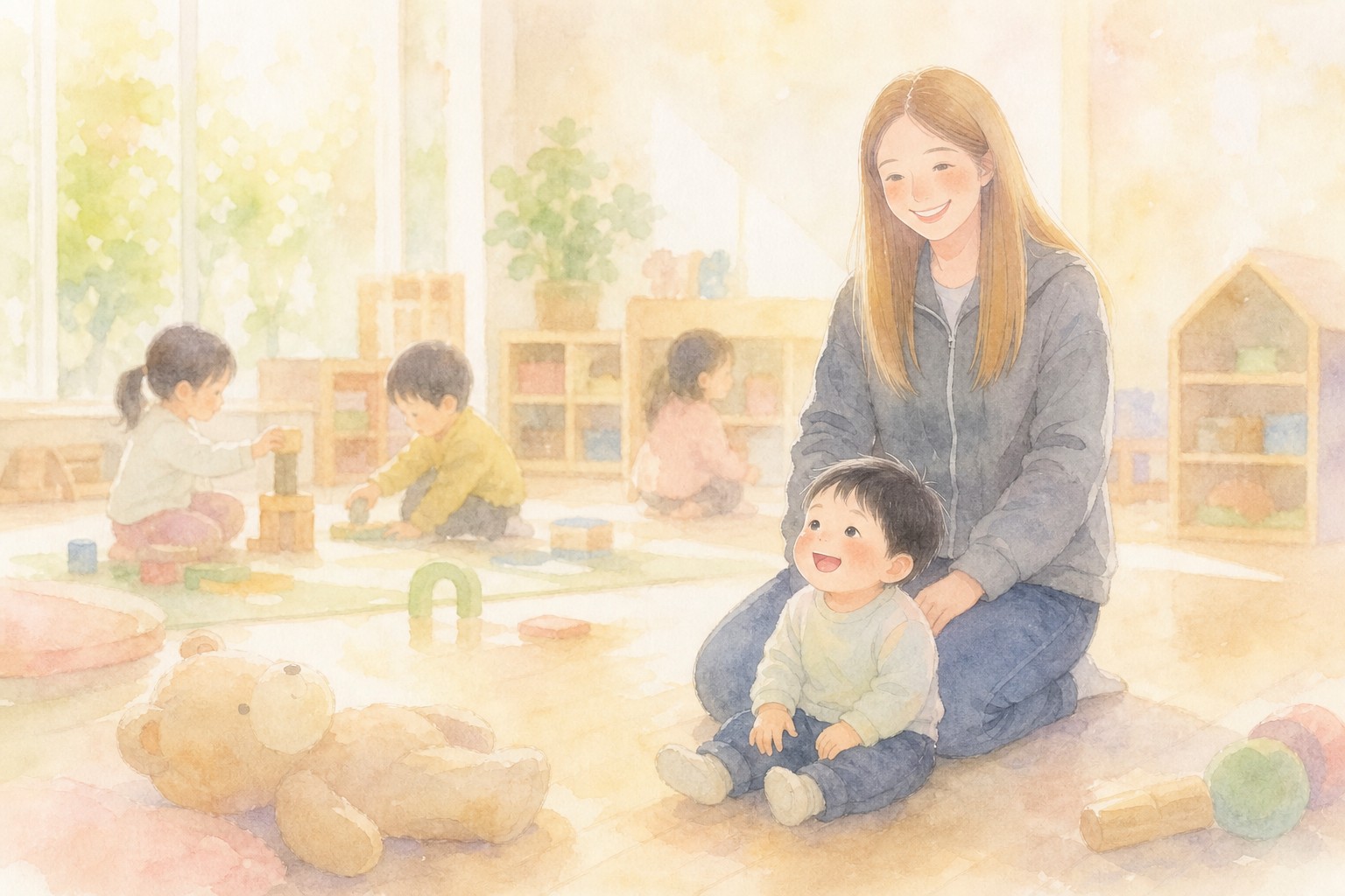 ママのそばで様子を見ながら少しずつ慣れていく息子