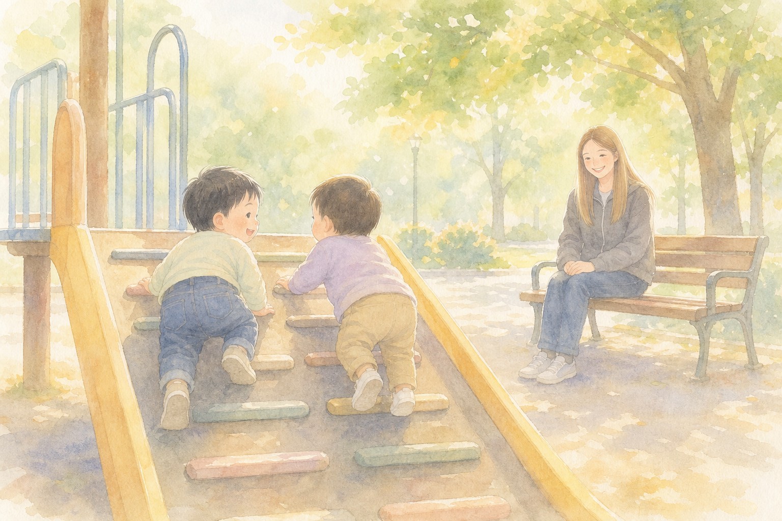 顔なじみの子と並んで滑り台で遊ぶ息子