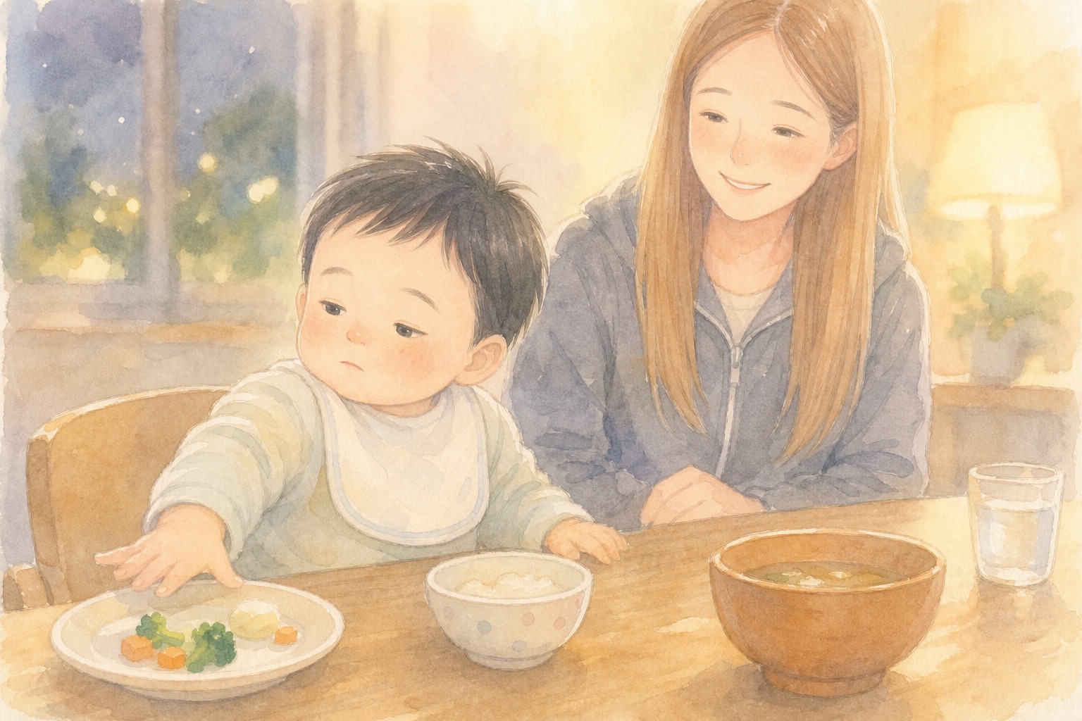 夜ごはんでお皿を押しやる息子とママ