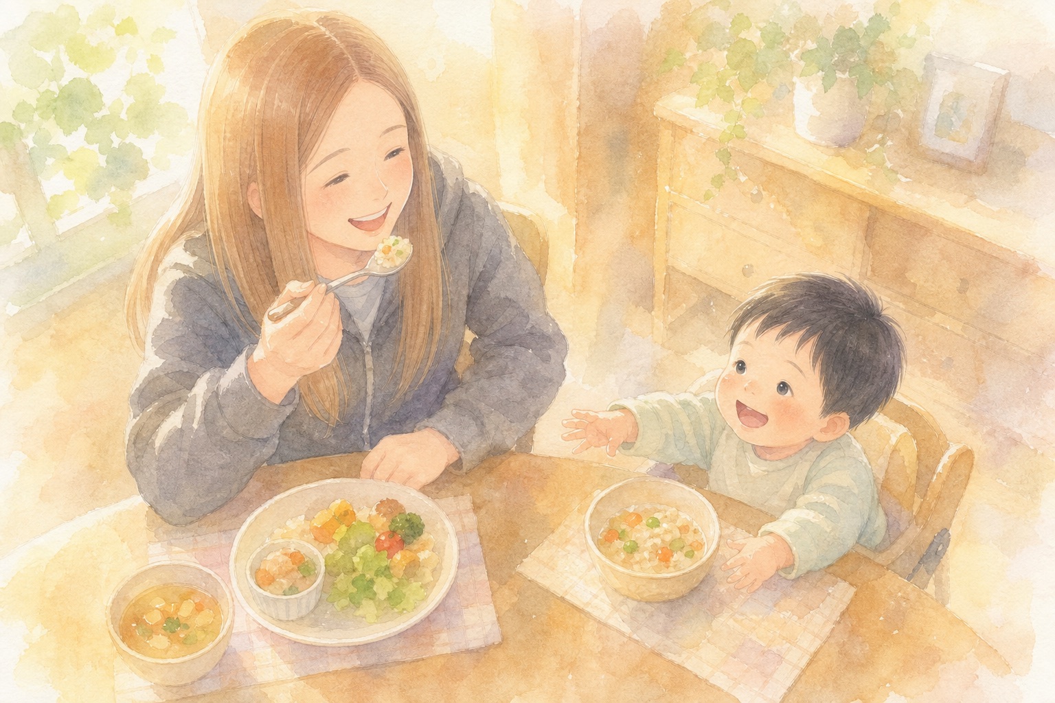 「一口もらうね」とママが声をかける食卓の様子