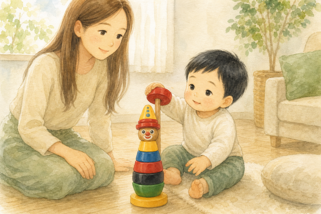 1歳半の男の子が木製スタッキングトイで遊ぶ様子（水彩イラスト）