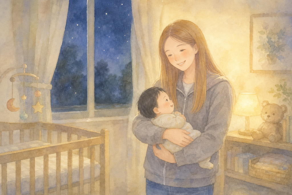 夜の寝室で生後3ヶ月の赤ちゃんを抱いてゆらすママ（水彩イラスト）
