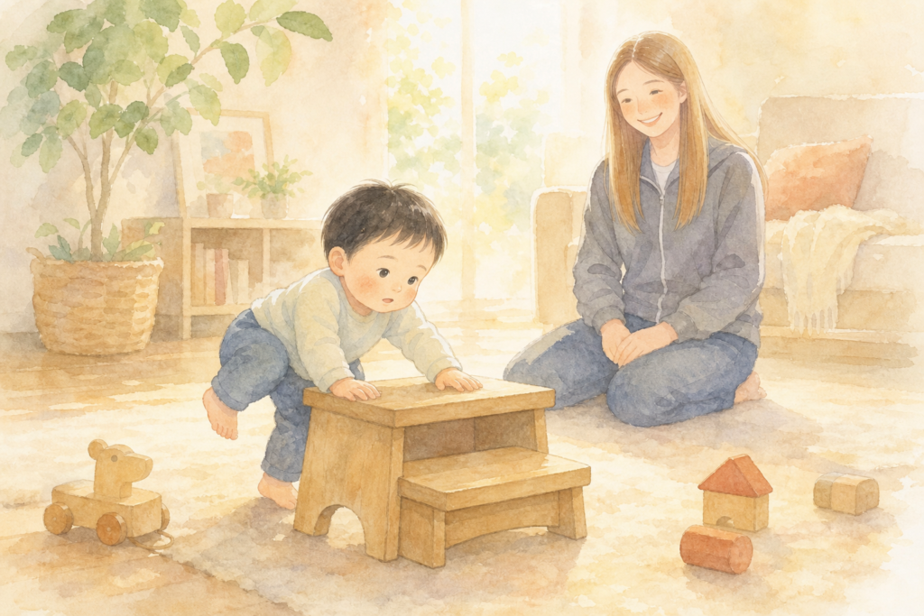 自分で踏み台によじ登ろうとする1歳児と、手を出さずに見守るママ（水彩イラスト）