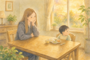 夕方の食卓で、ごはんに手をつけない子どもと、困った表情のママ