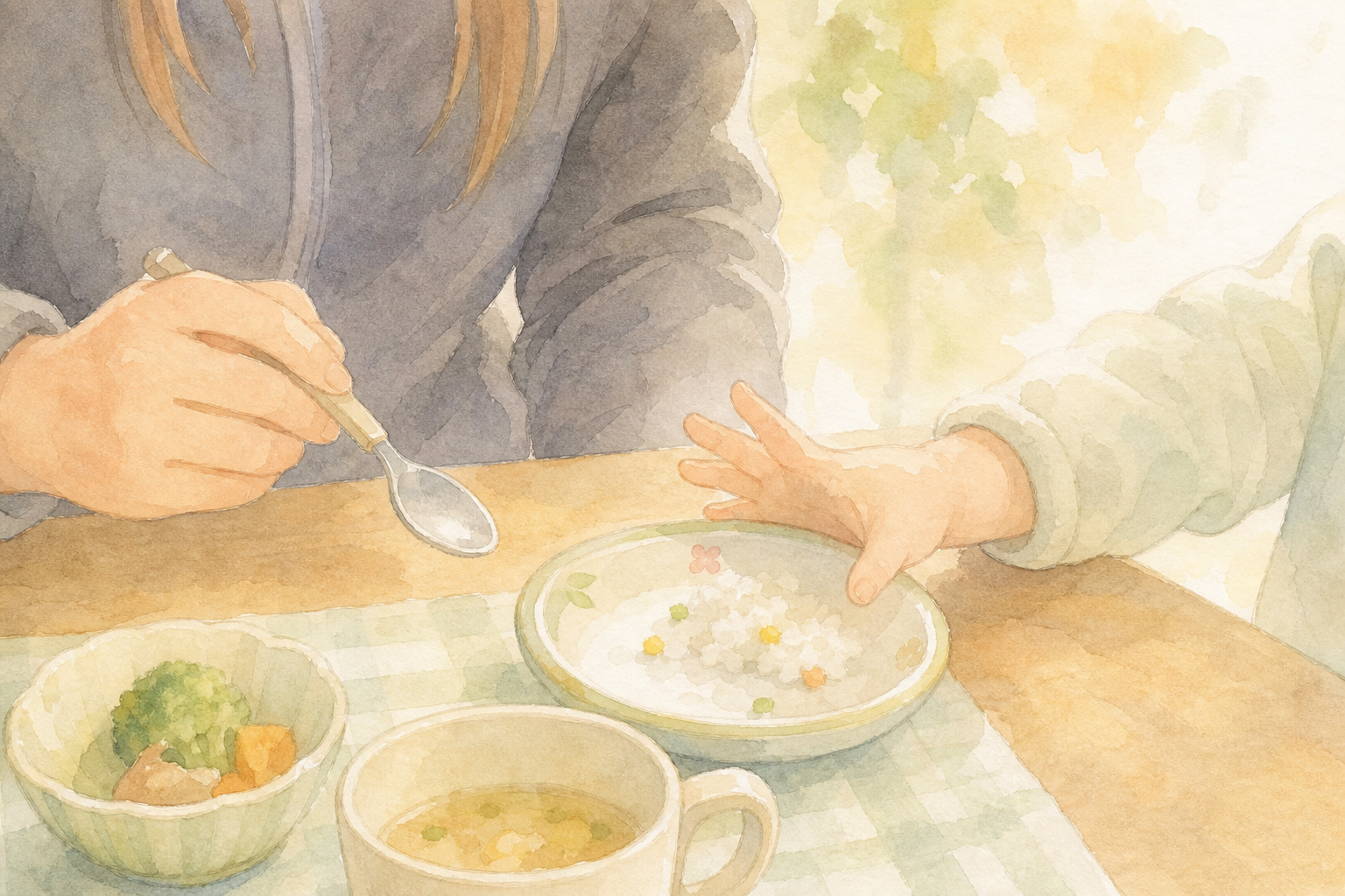 手つかずの子ども用の食事とスプーン