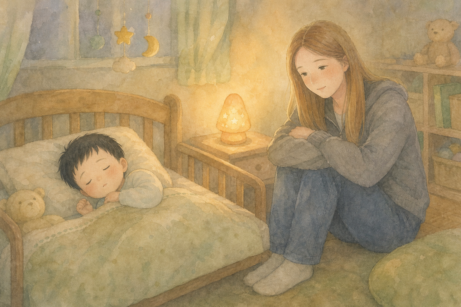 眠る子どもの横で膝を抱えて座るママ