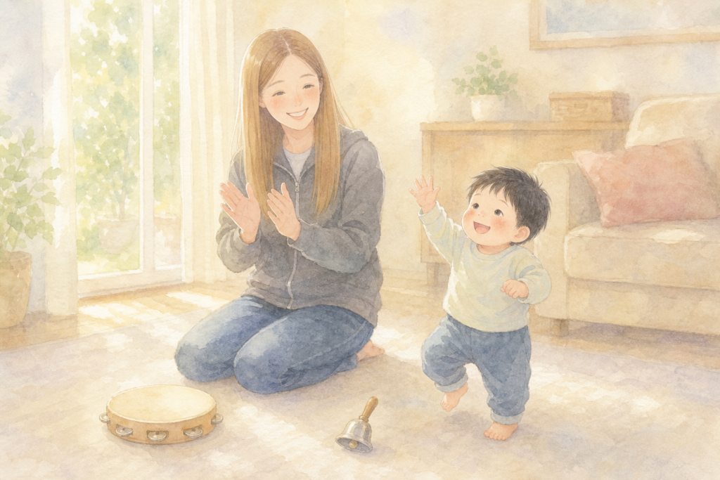 リビングで手拍子をする母と、リズムに合わせて体を揺らす1歳の男の子（水彩イラスト）