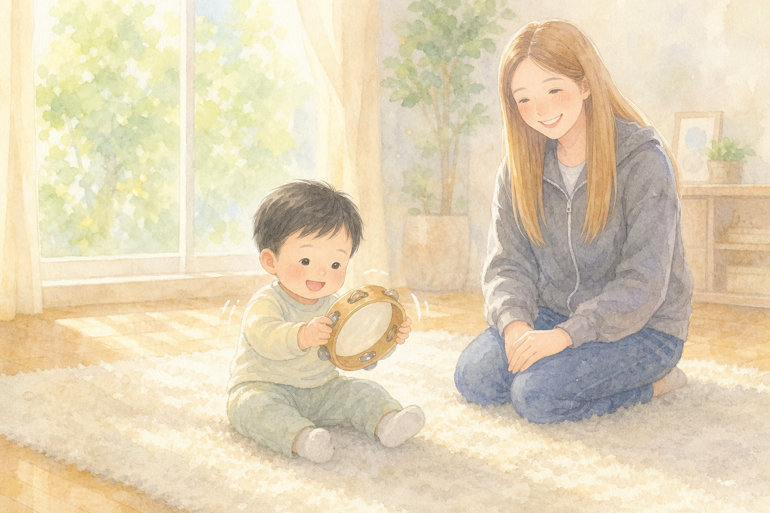 タンバリンを両手で持って鳴らす1歳の男の子