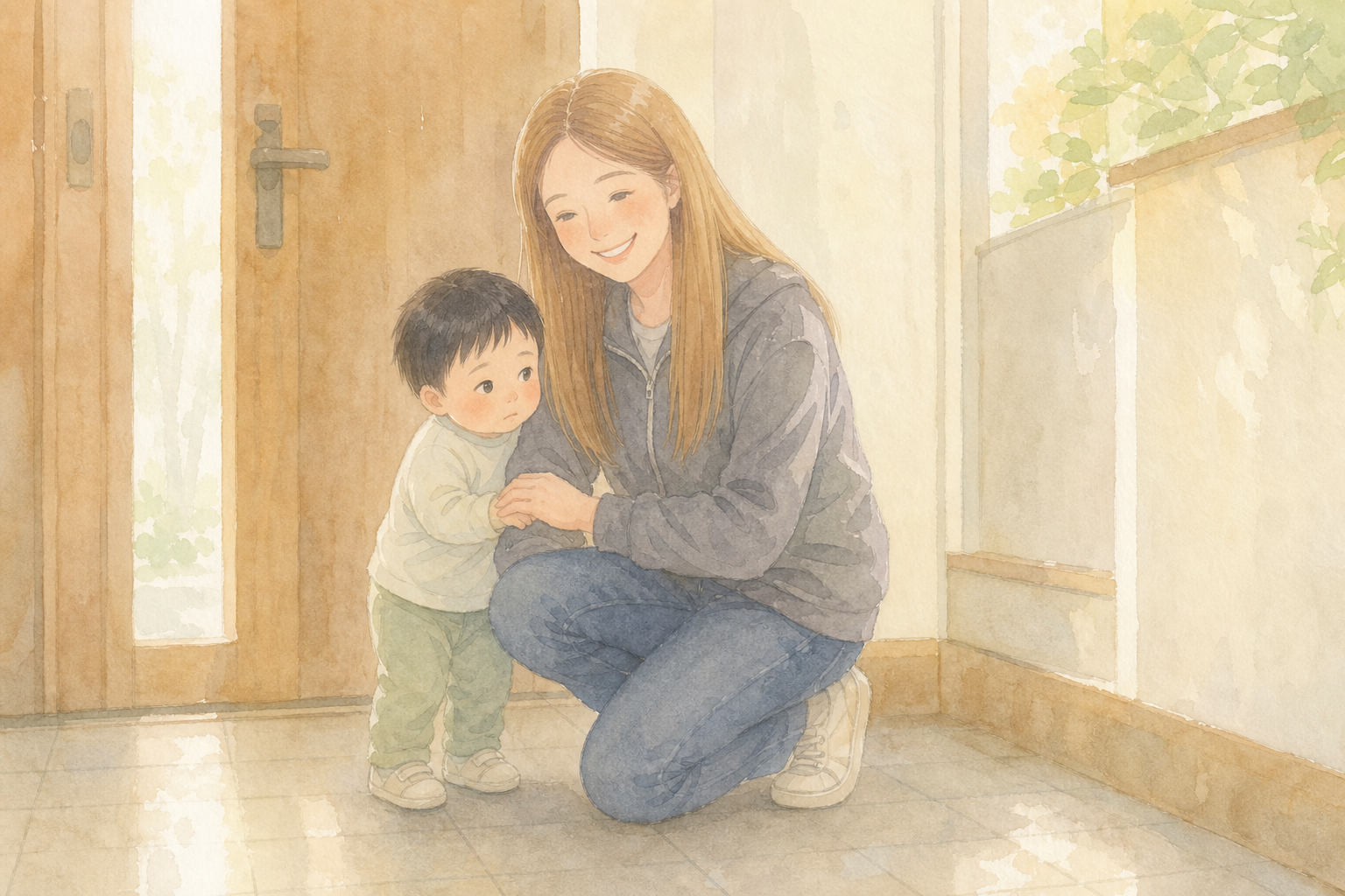 教室の入口で母のうしろに隠れる1歳の男の子