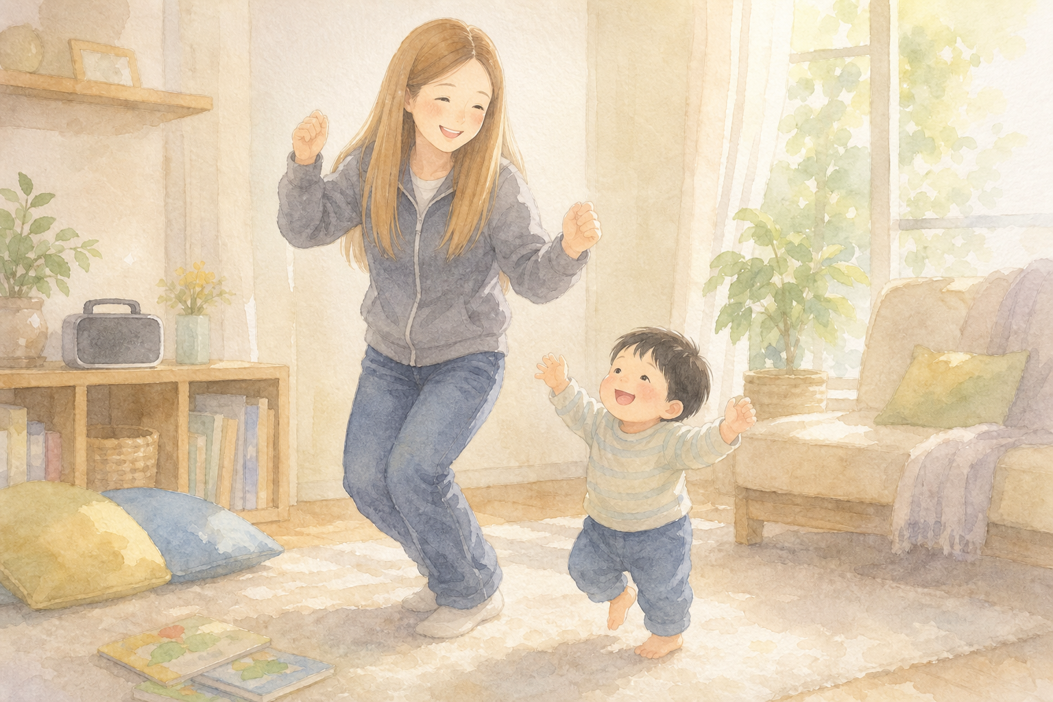 リビングで音楽に合わせて一緒に踊る母と1歳の男の子