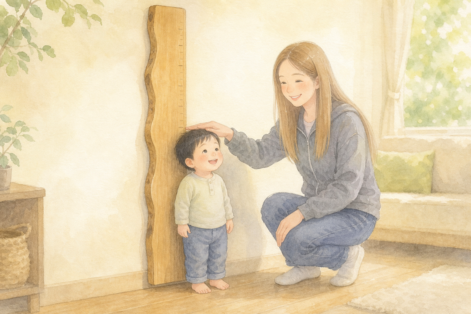 木製の身長計の前で背比べをする親子(水彩イラスト)