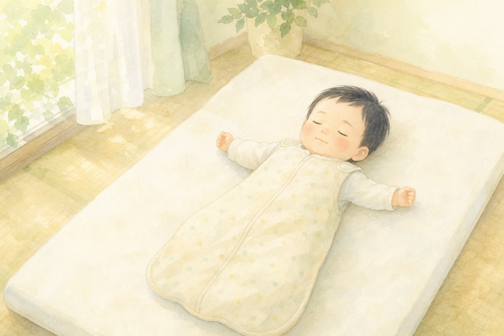 硬めで平坦な敷布団にスリーパー姿であおむけに眠る赤ちゃん。枕や掛け布団は使っていない(水彩イラスト)