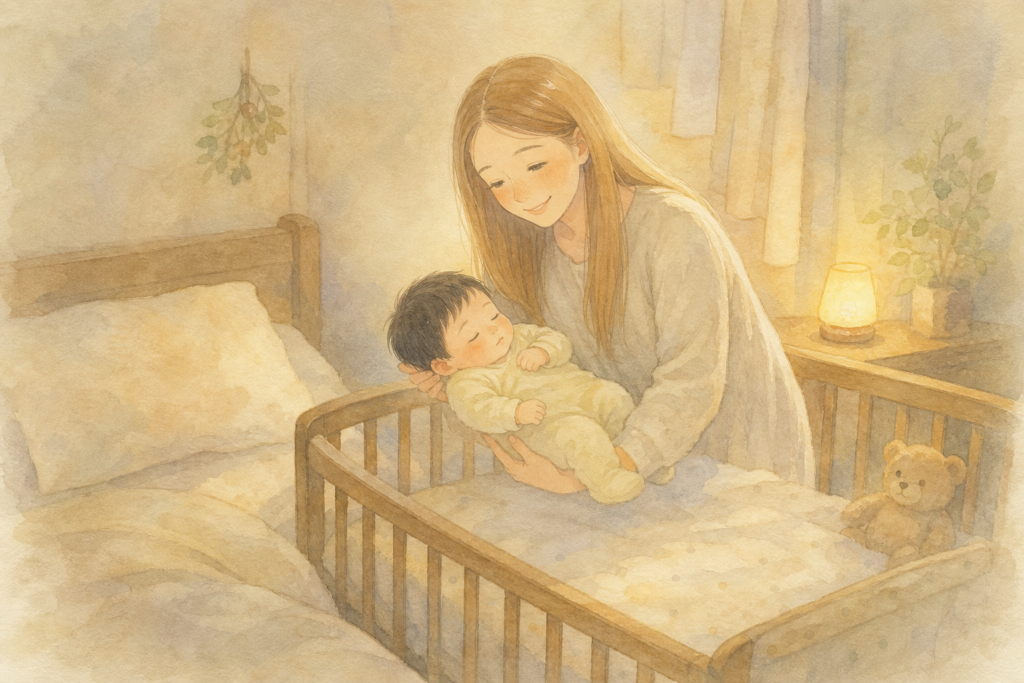 夜間授乳のあと、赤ちゃんをベビーベッドにそっと下ろすママ(水彩イラスト)