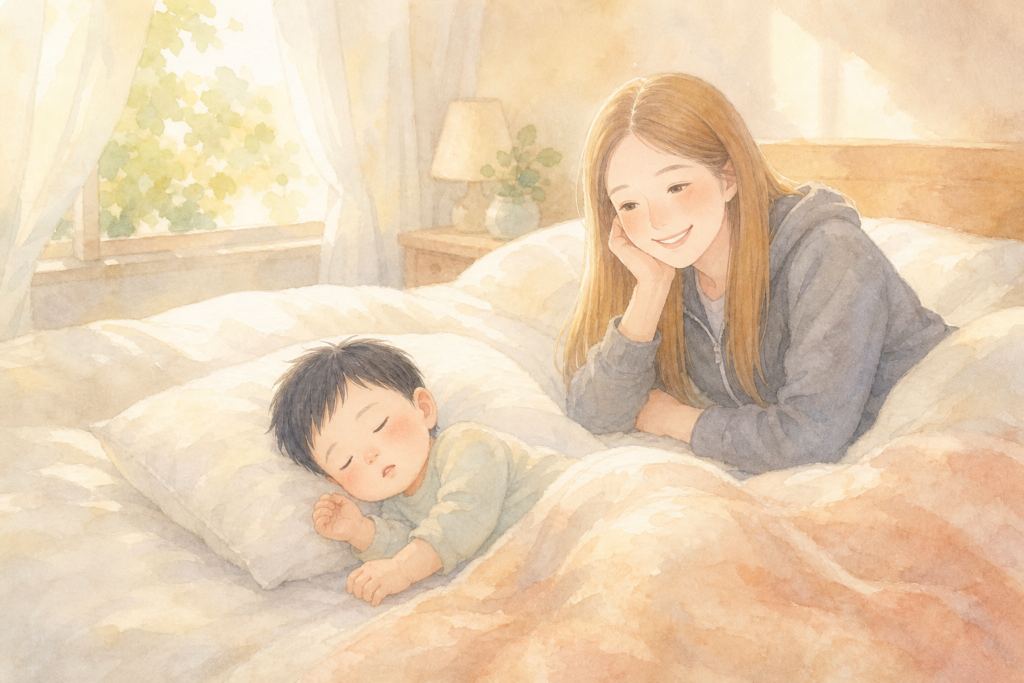 1歳半の子どもと同じベッドで並んで眠る朝の光景(水彩イラスト)