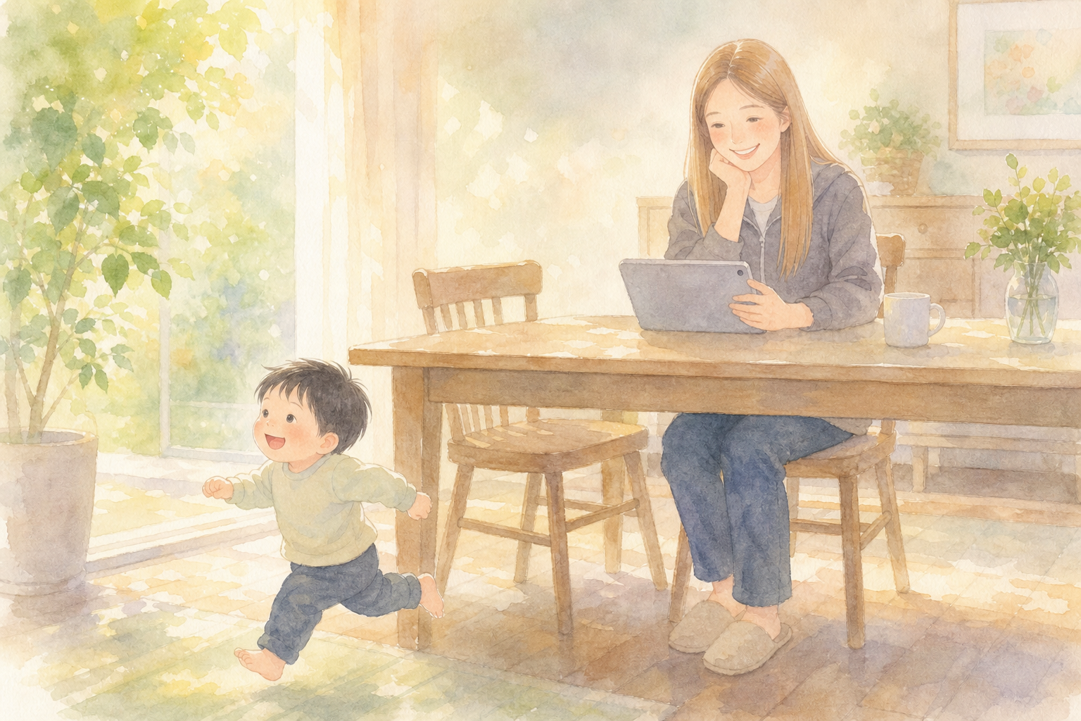 挿絵1|ダイニングテーブルでタブレットを見ながら考えごとをしているママ(茶髪ロング)。足元で息子(黒髪短髪)が走り抜けて
