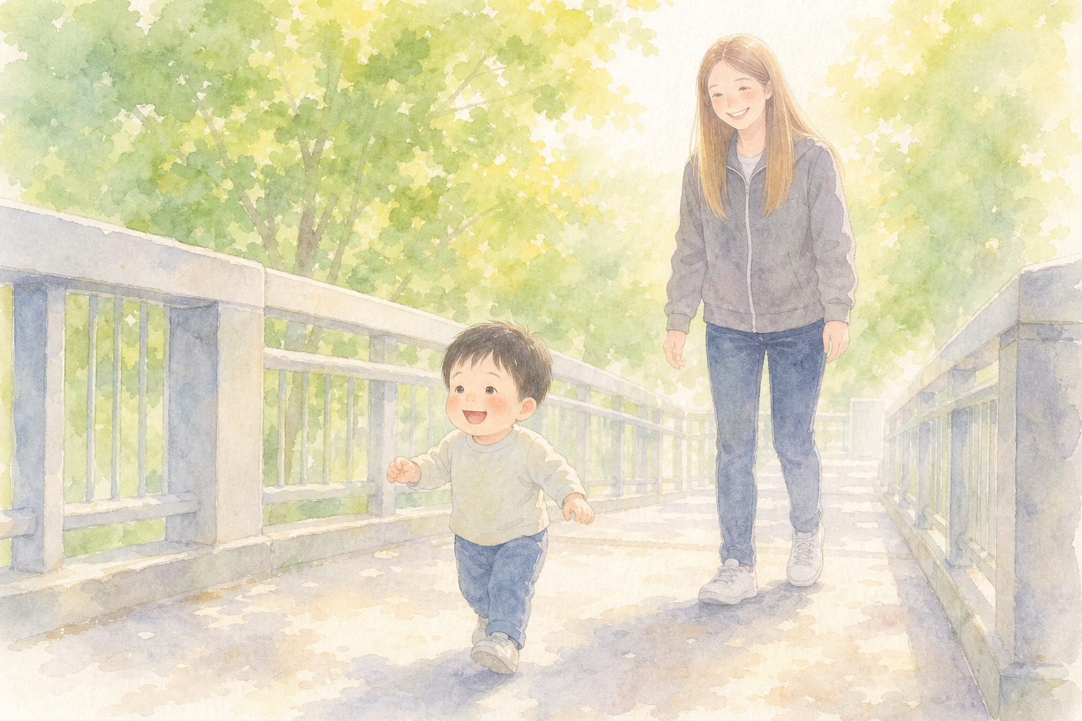 挿絵2|歩道橋を楽しそうに歩く息子(黒髪短髪)と、少し後ろからついていくママ(茶髪ロング)。AI水彩・文字なし