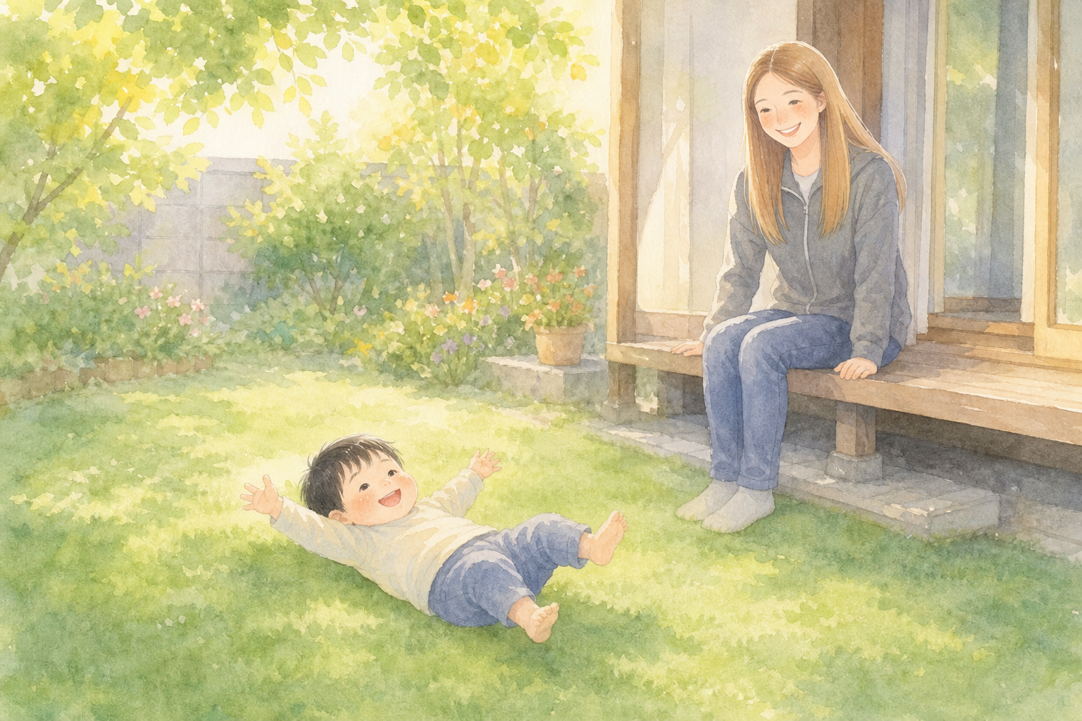 挿絵3|庭の人工芝でごろんと転がって遊ぶ息子(黒髪短髪)と、縁側から見守るママ(茶髪ロング)。AI水彩・文字なし