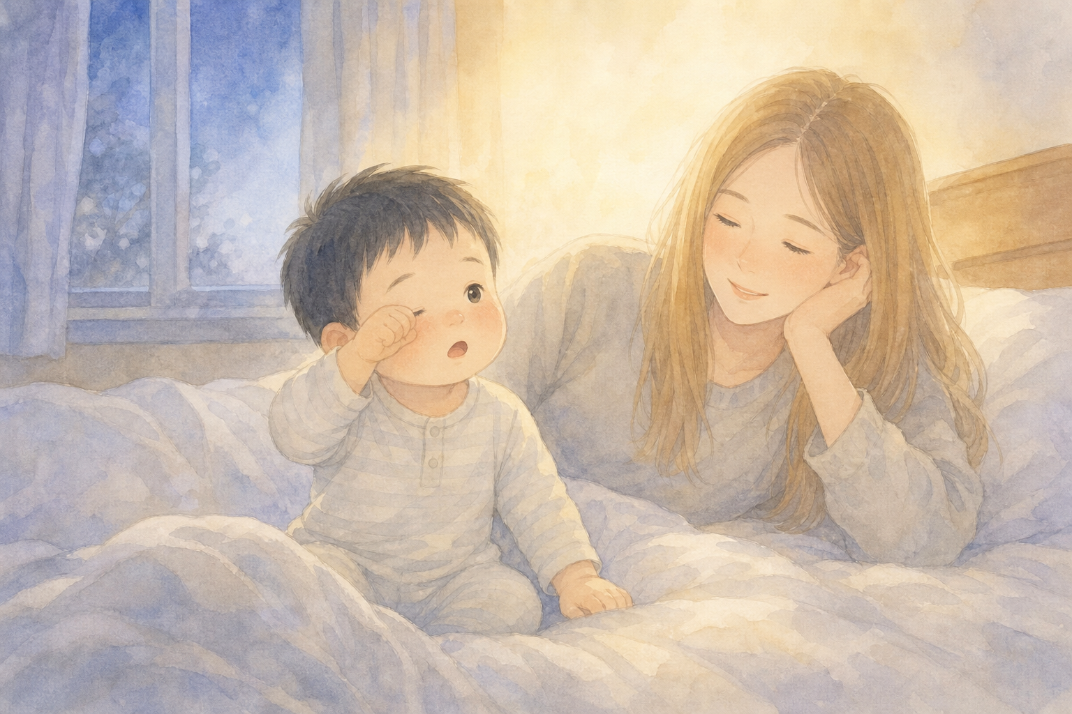 まだ暗い早朝に目をこすりながらベッドに座る男の子と、その横で眠そうに微笑むママの水彩イラスト