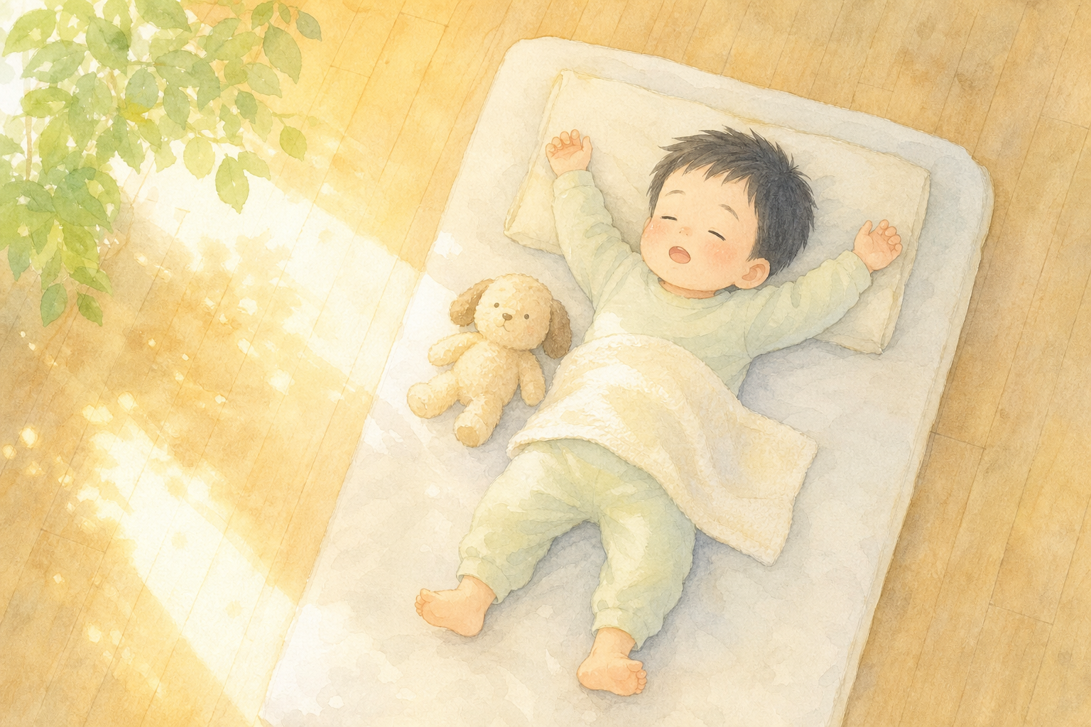 明るい日中のリビングで、布団の上で両手を上げてぐっすり昼寝している男の子を真上から見た水彩イラスト