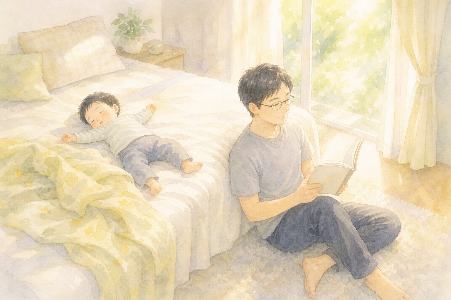 休みの日の明るい朝、ベッドで寝坊している男の子のそばで、パパが床に座って静かに本を読んでいる水彩イラスト
