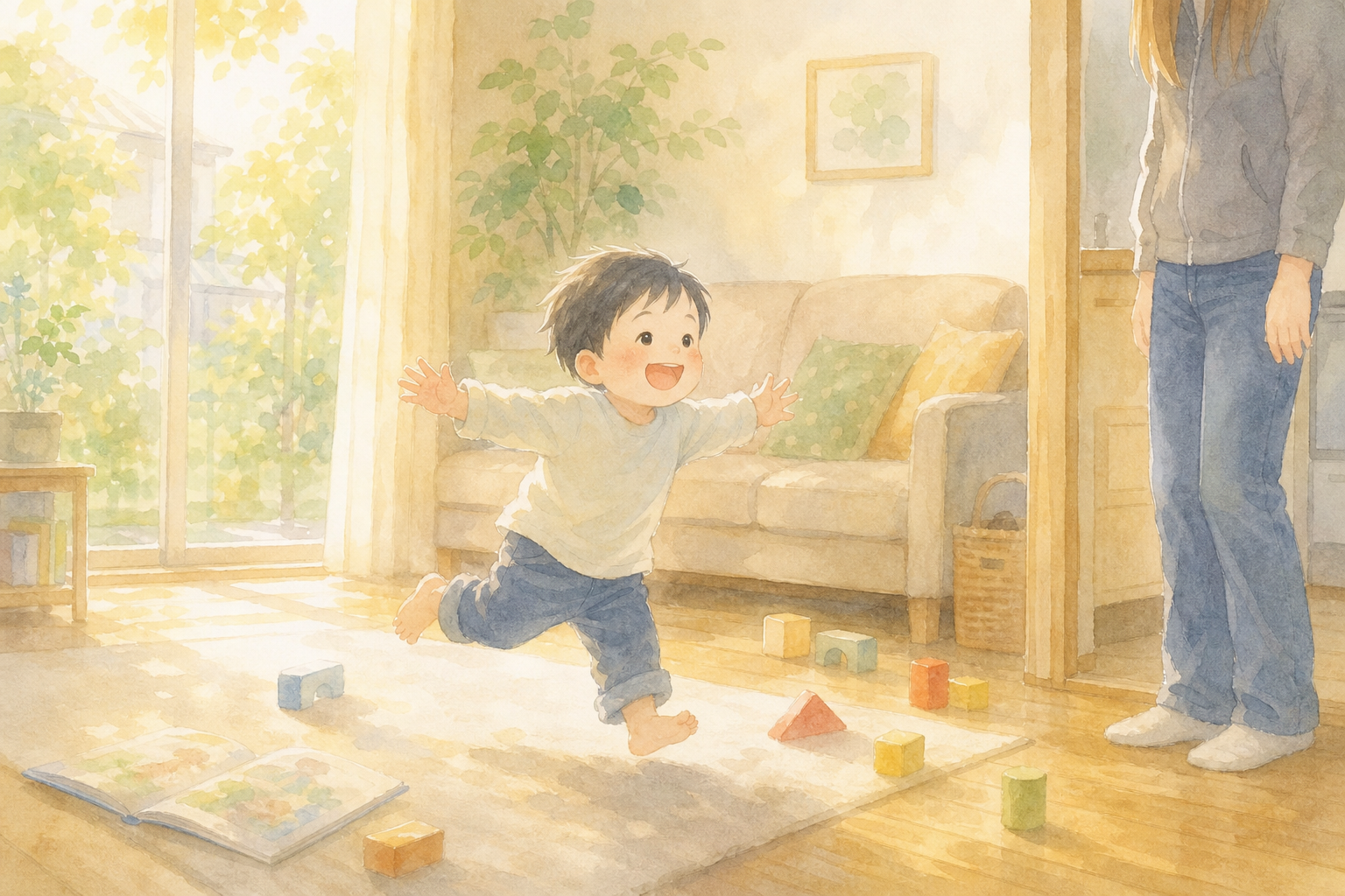 夕方の光が差すリビングで、両手を広げて楽しそうに走る男の子の水彩イラスト