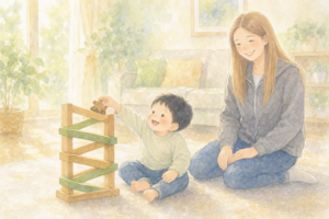 木のスロープに小さなどうぶつの車を置こうとしている2歳の男の子と、見守るママの水彩イラスト