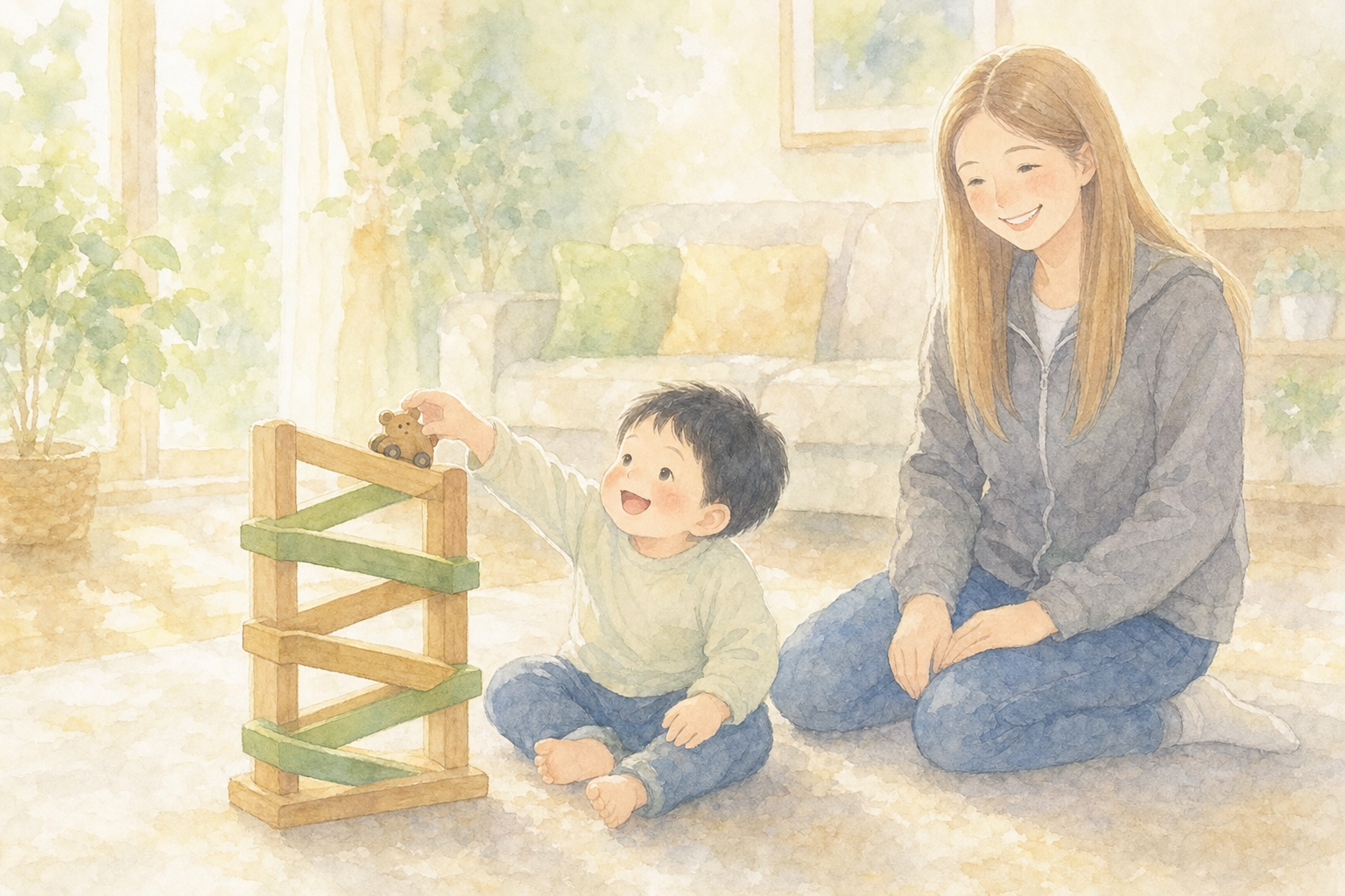 木のスロープに小さなどうぶつの車を置こうとしている2歳の男の子と、見守るママの水彩イラスト