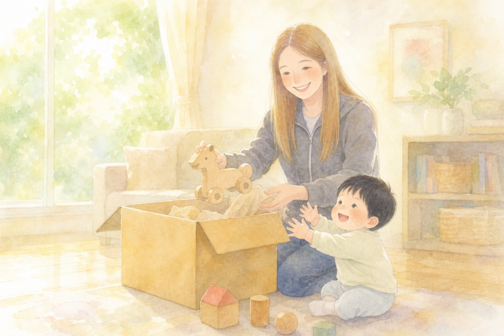 届いた箱から木のおもちゃを取り出す親子