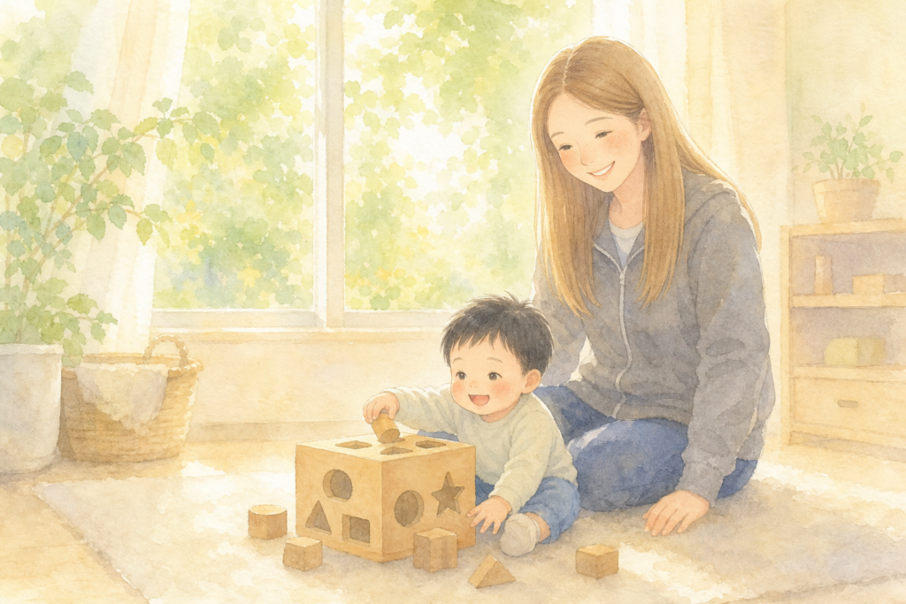 型はめのおもちゃを一緒に触る親子