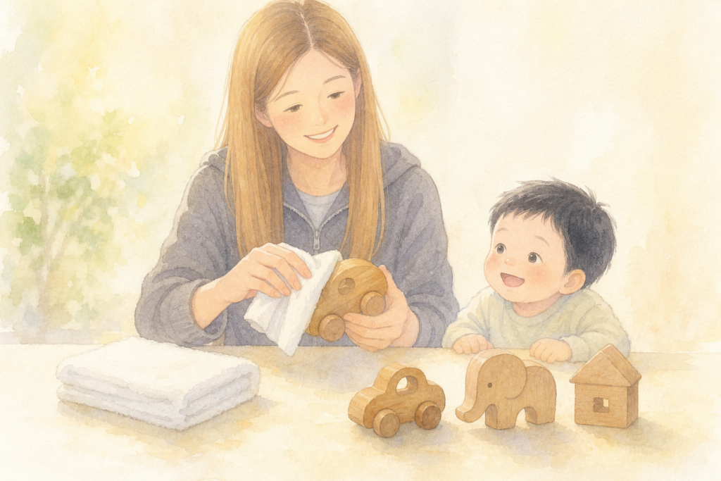 木のおもちゃを布でていねいに拭いているところ