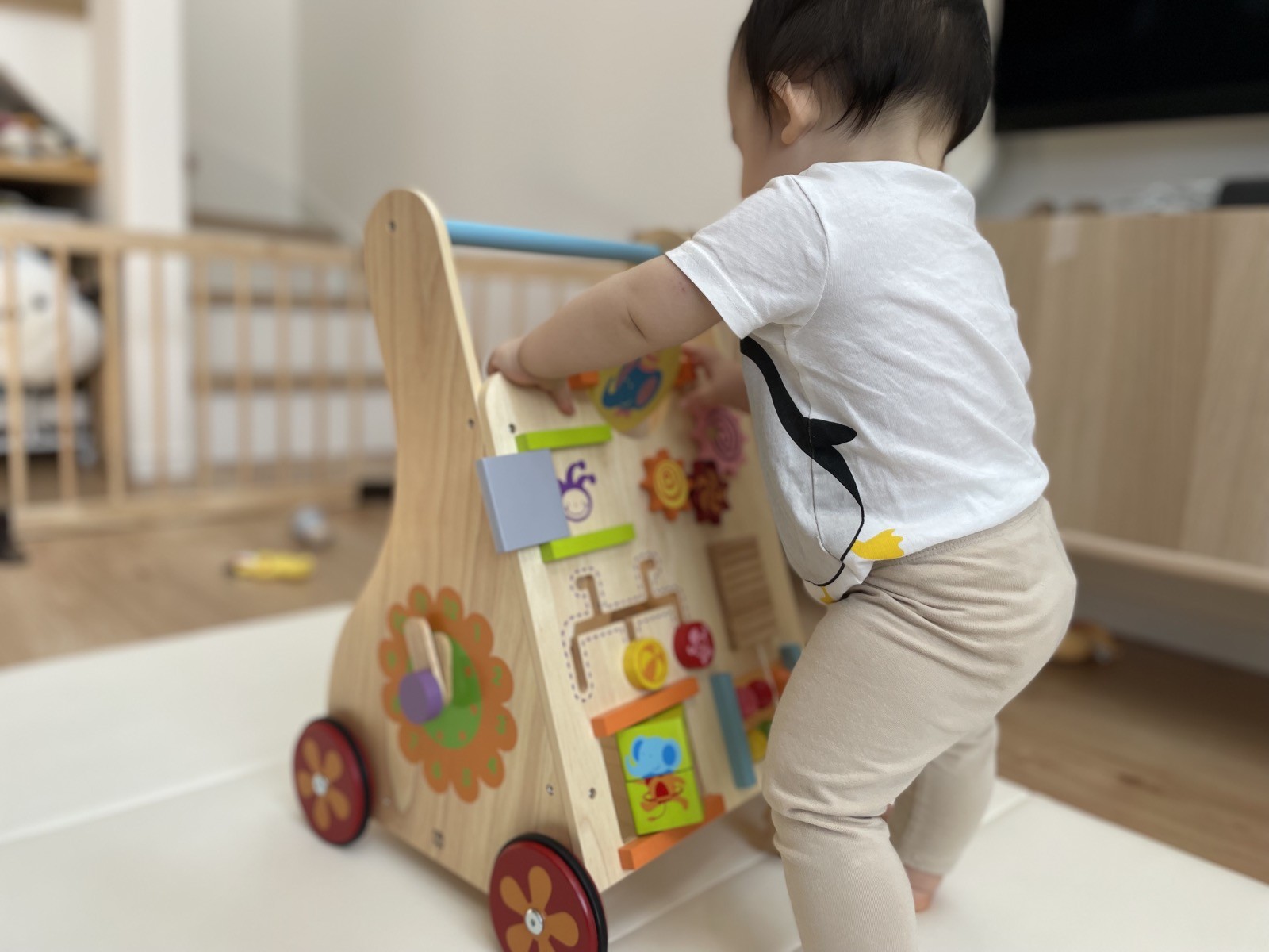 生後11ヶ月、手押し車につかまって立ち仕掛けをさわる子ども