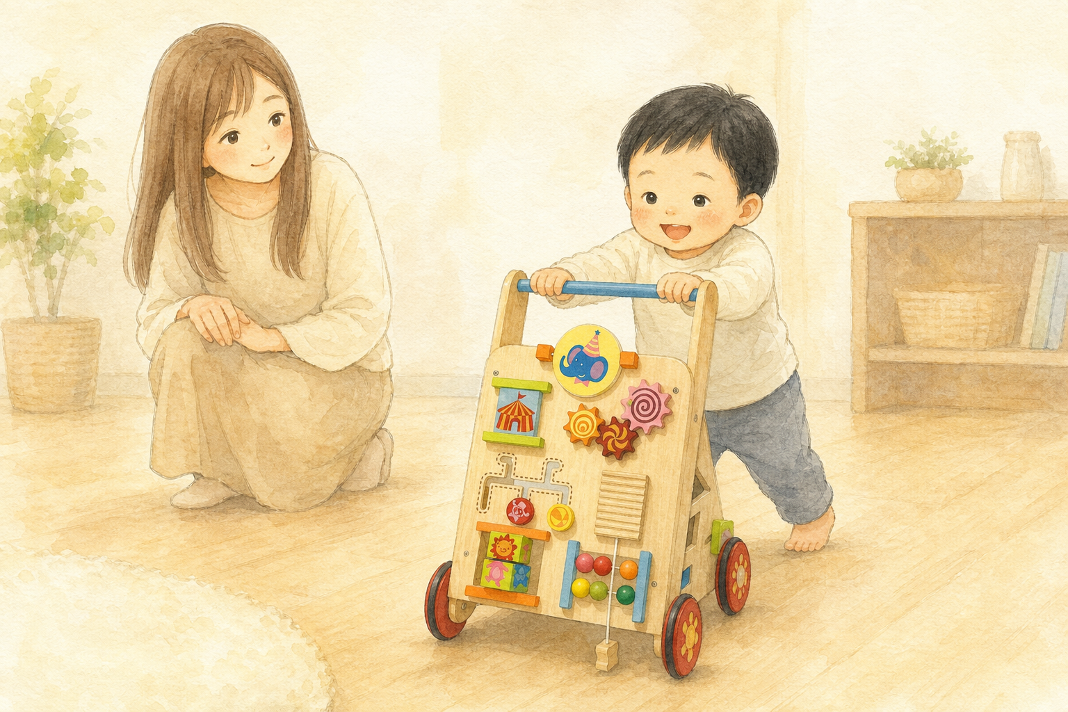 木製の手押し車を押して歩く子どもと見守るママの水彩イラスト