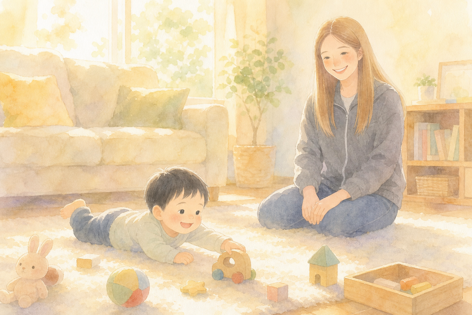 リビングの床で遊ぶ子どもと、少し離れて座って見守るママの水彩イラスト