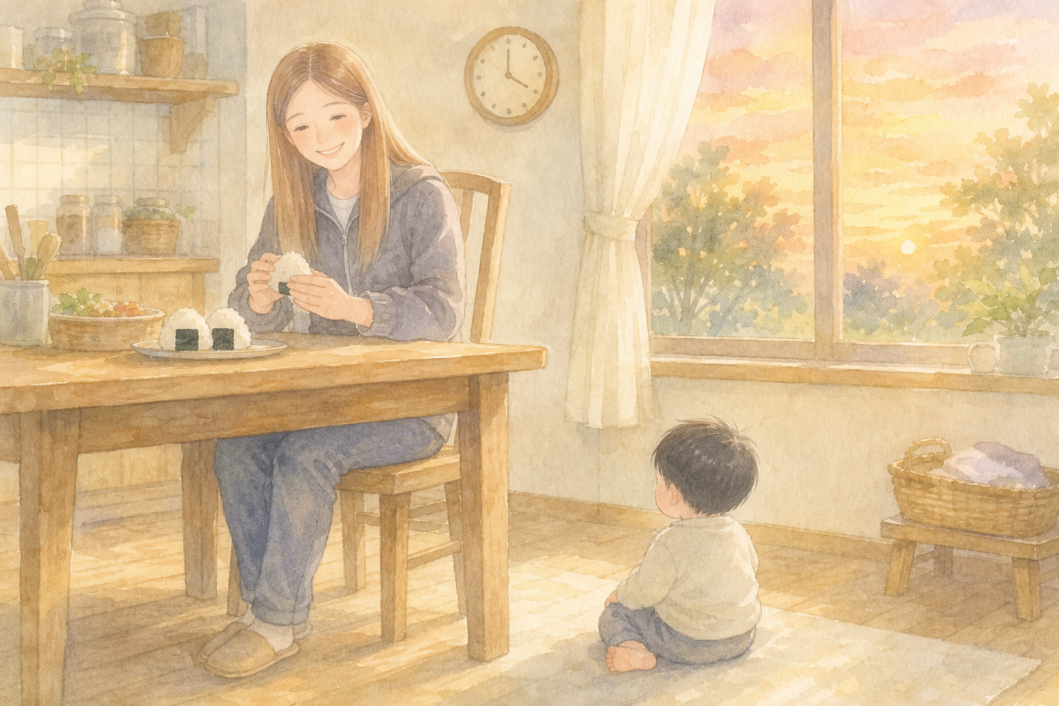 夕方の台所。おにぎりと時計、床に座る子どもの後ろ姿