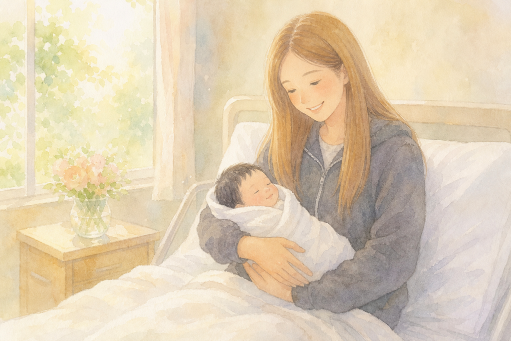 産院の個室で生まれたばかりの赤ちゃんを抱くママ