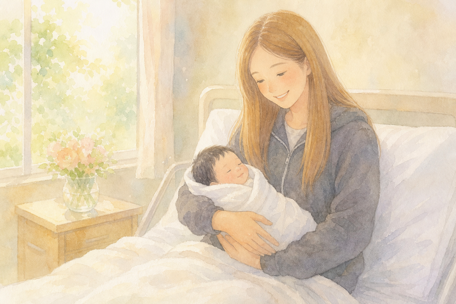 産院の個室で生まれたばかりの赤ちゃんを抱くママ