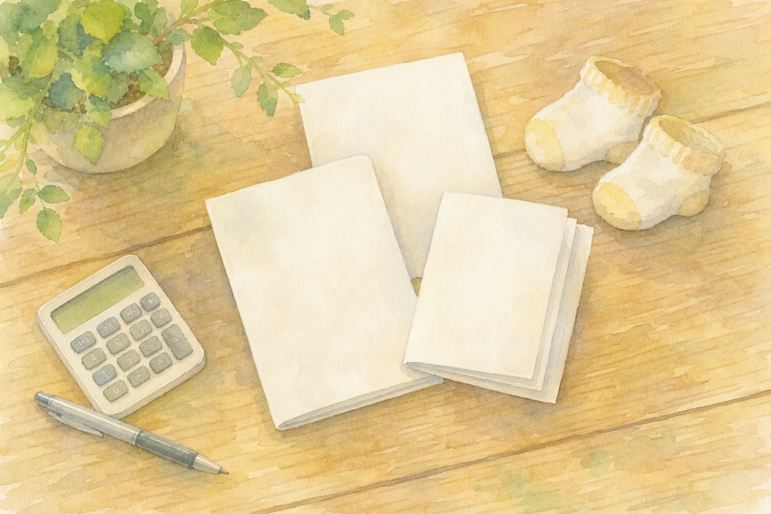 テーブルの上の書類と電卓、赤ちゃんの小さな靴下