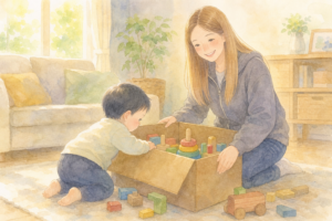 届いた段ボールの木のおもちゃをのぞきこむ子どもと、となりで見守るママ