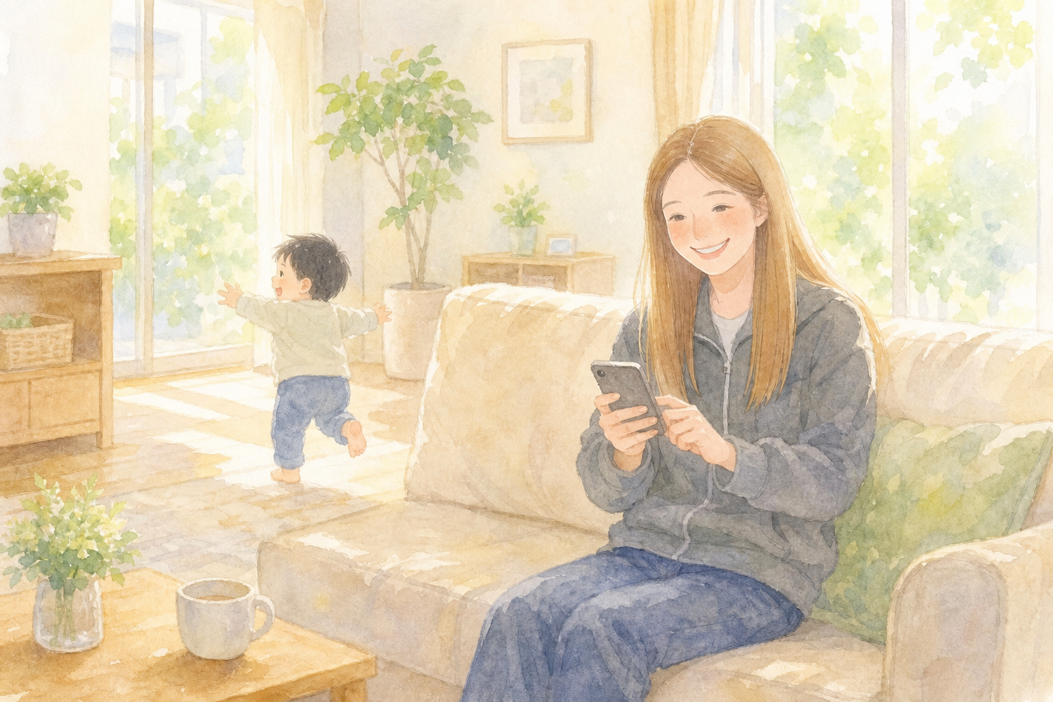 ソファでスマホに短いメッセージを打つママと、奥のリビングで走り回る子ども