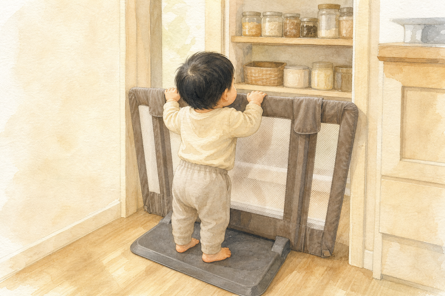 パントリーの入り口に置いたベビーゲートにつかまる子どもの後ろ姿