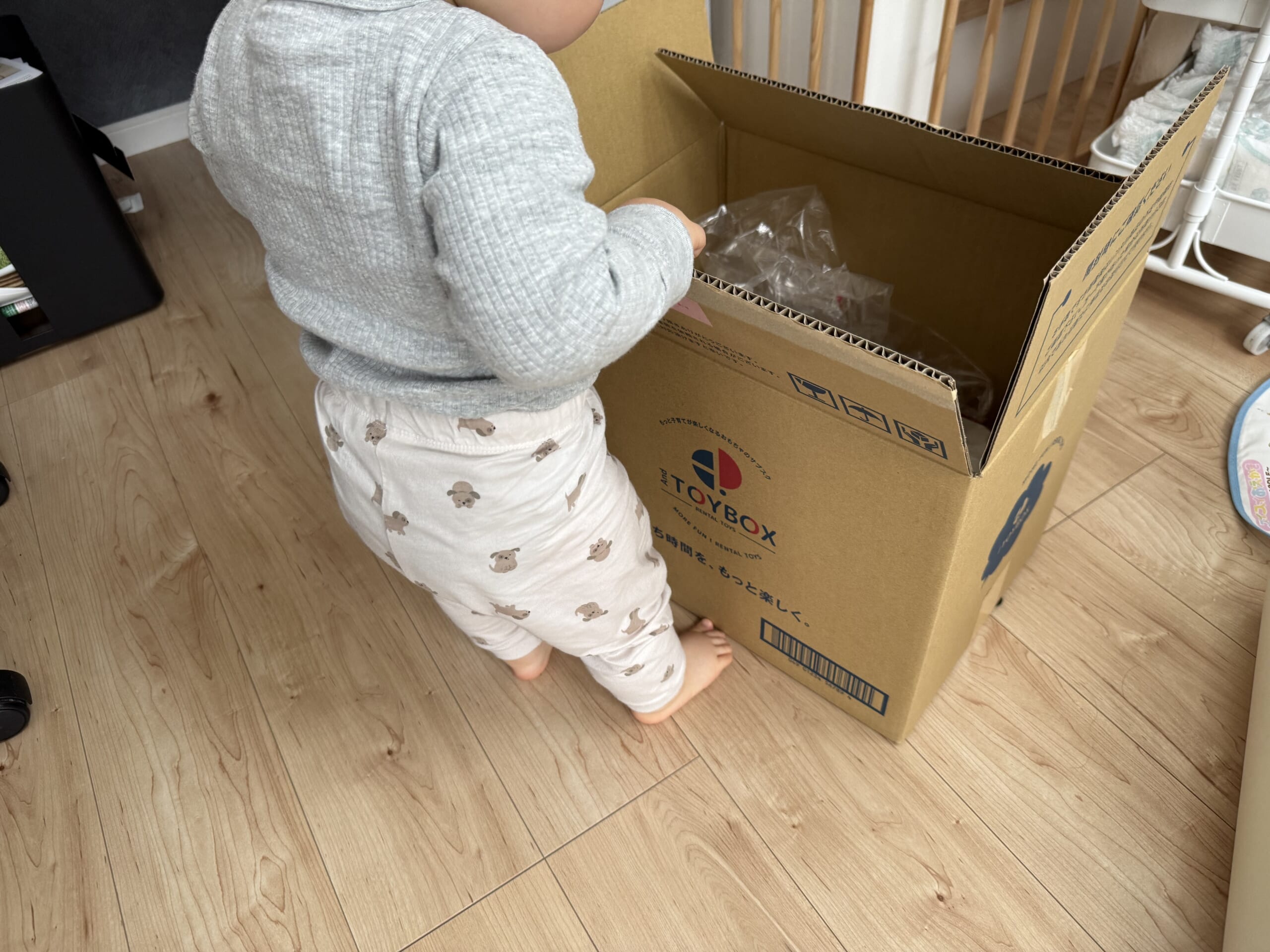 AND TOYBOXの段ボールを覗き込む息子
