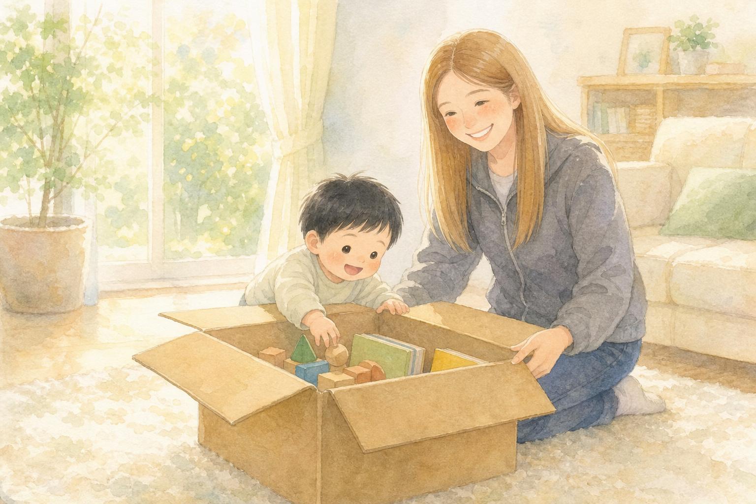届いた箱を開けて、おもちゃと絵本をのぞきこむ親子