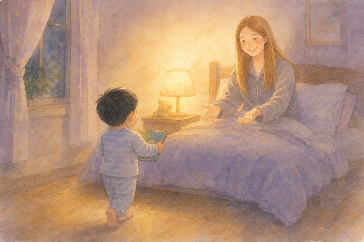 寝る前に、小さな絵本を自分で持ってくる男の子