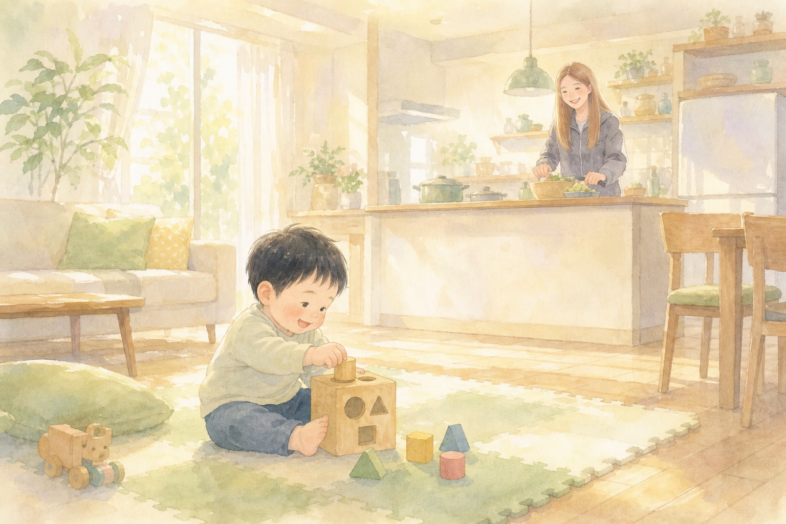 床で型はめのおもちゃに夢中の男の子と、キッチンから見守るママ
